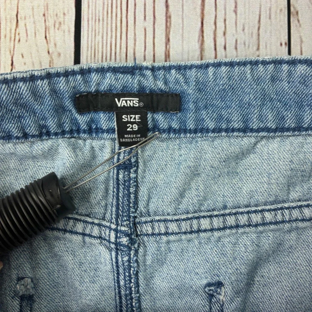 Vans Womens Light Wash Denim Midi Skirt Blue Carpenter Pocket Slit Size 29